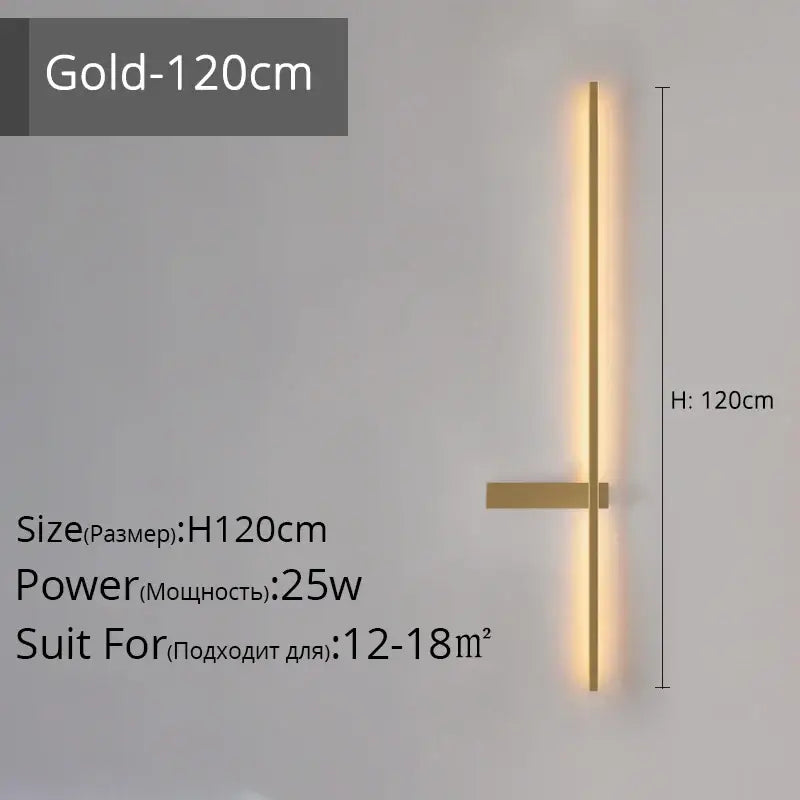Gold-colored 120cm modern led wall lamp with sleek vertical bar and horizontal bracket for minimalist living room use