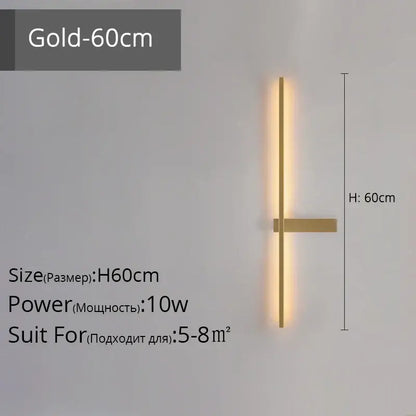 Modern black and gold led wall lamp with sleek vertical bar and crossbar emitting warm light for living room use