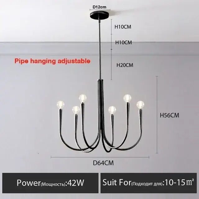 Modern black gold metal chandelier with six curved arms and spherical bulbs perfect for dining room decorbites gold metal