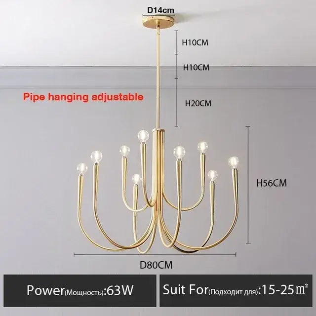 Modern black gold metal chandelier with sleek curved arms and exposed bulbs by decorbites gold metal for dining room decor