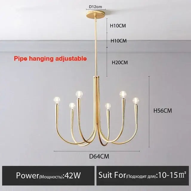 Modern black gold metal chandelier with six curved arms and spherical bulbs for dining room decorbites gold metal