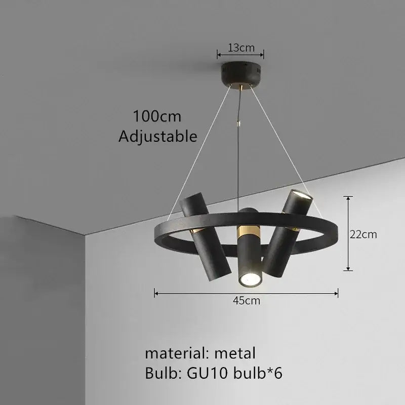 Modern black metal circle pendant light with six gu10 bulbs in gold accents for kitchen decorbites black metal decor