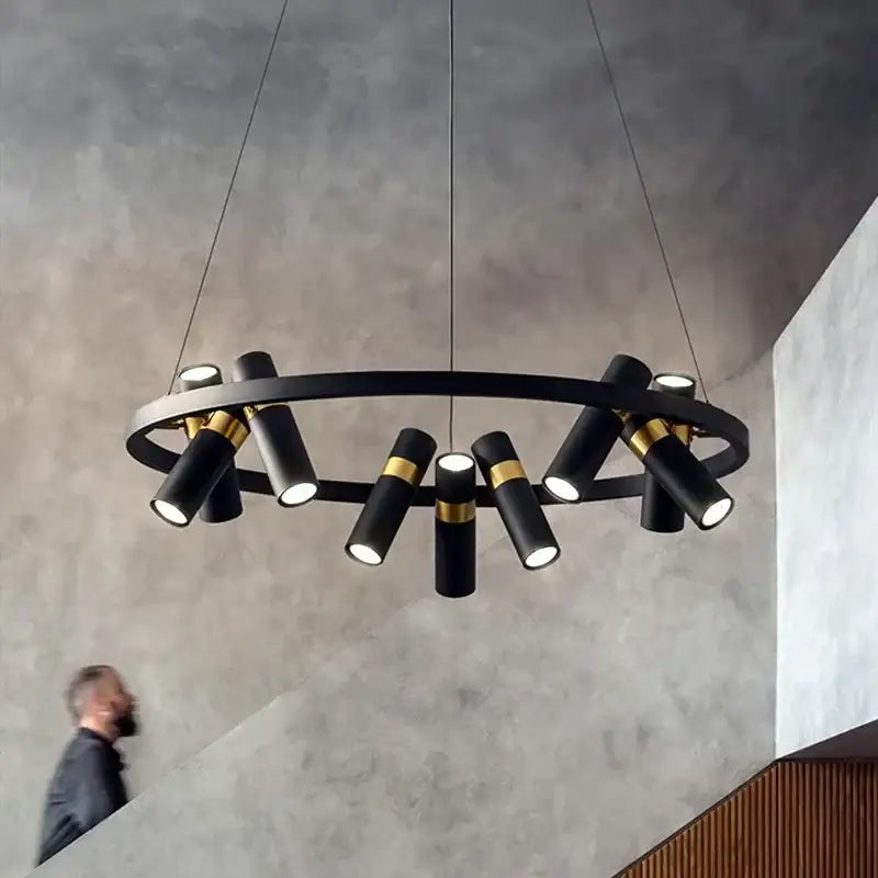 Modern black and gold metal circle led pendant light with cylindrical bulbs for kitchen decorbites black metal decor