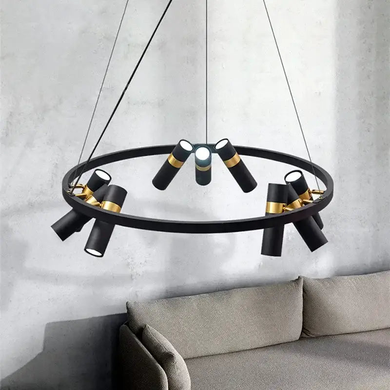 Modern black metal circle pendant light with gold-accented cylindrical spotlights for kitchen decorbites decor