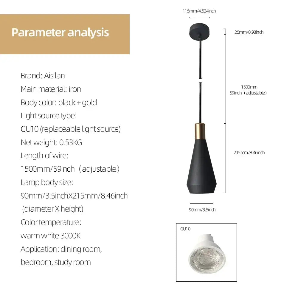 A sleek black metal pendant chandelier with gold conical shade and adjustable wire for dining room decorbites black metal