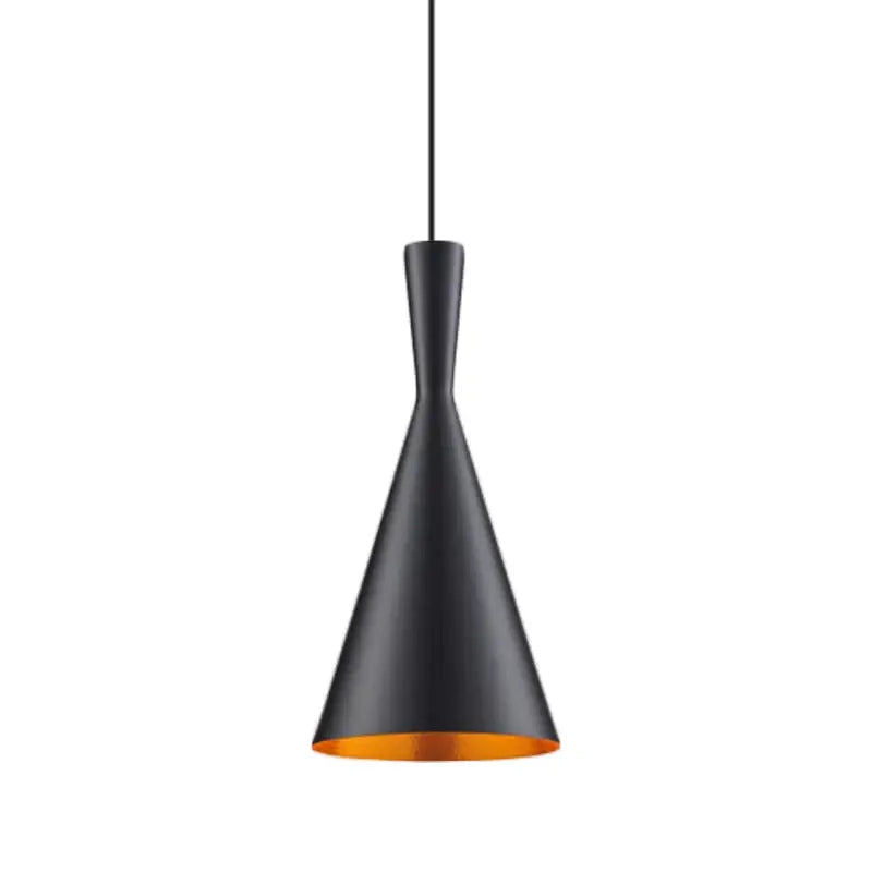 Modern black and gold musical pendant light with conical shape and gold interior lining for dining room lighting