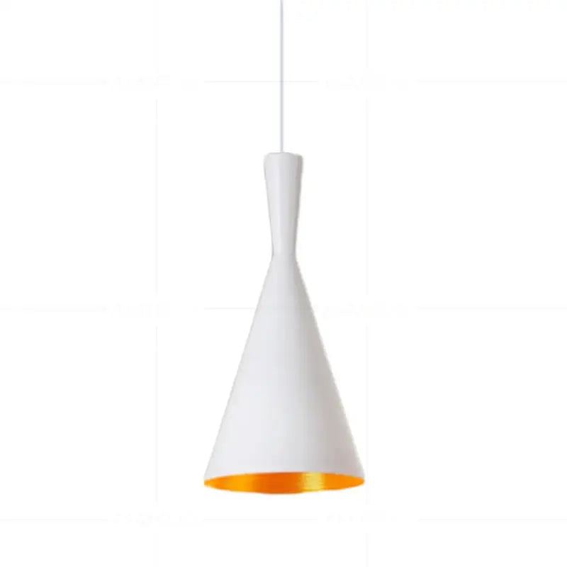 Modern black and gold musical pendant light featuring a white conical shade with gold interior lining for dining room