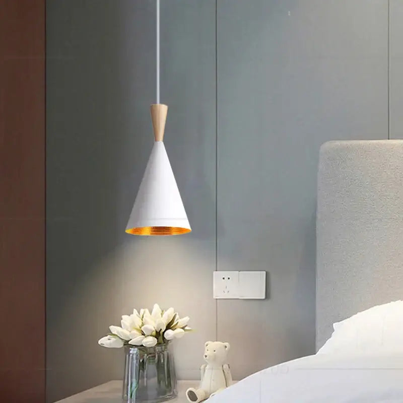 White conical pendant light with wooden top and gold interior lining for modern black and gold musical pendant light