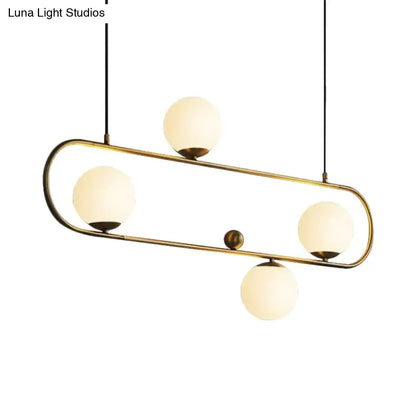 Decorbites modern oblong chandelier with black gold brass finish and frosted opal glass globes for dining room lighting