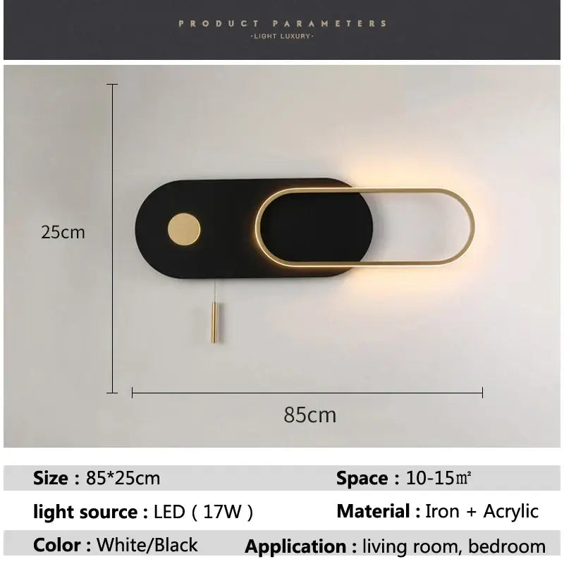 Modern black and gold oval led wall lamp with acrylic diffuser featuring sleek minimalist design for bedroom sconce