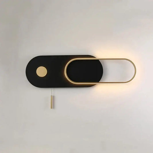 Modern black and gold oval led wall lamp with sleek minimalist design featuring an illuminated frame for bedroom sconce