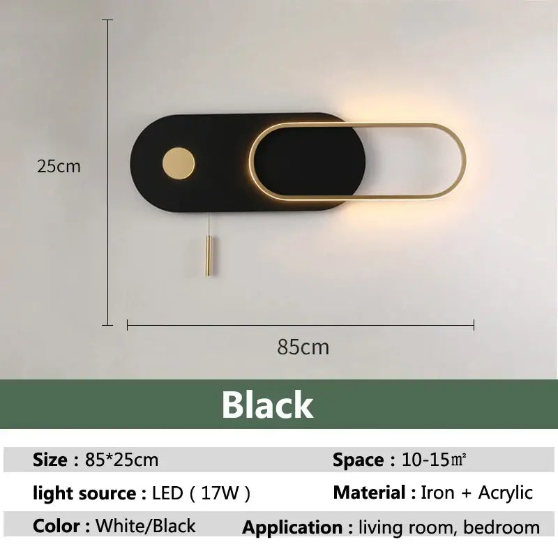Modern black and gold oval led wall lamp with sleek design featuring gold-toned accents for bedroom use