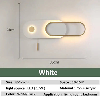 Modern white led wall lamp with sleek oval design and gold-toned accent frame for bedroom lighting