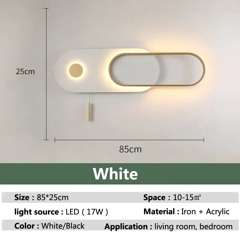 Modern white led wall lamp with sleek oval design and gold-toned accent frame for bedroom lighting