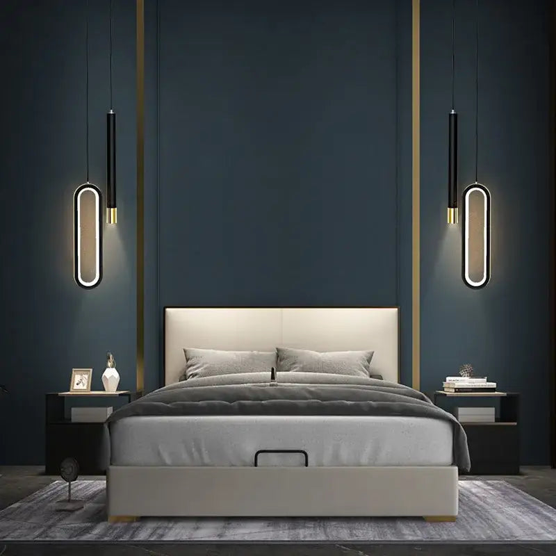 Modern minimalist bed with beige upholstered frame and gold trim under decorbites black pendant lamps for bedroom lighting