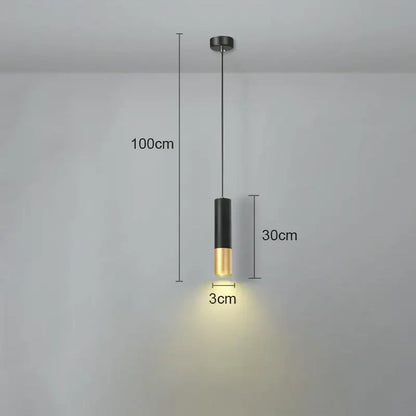 Modern black and gold cylindrical pendant light with sleek design and white light source for dining room use