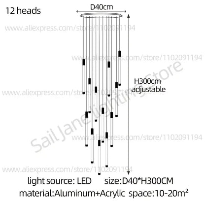 Modern black and gold pendant chandelier with 12 adjustable LED light sources in aluminum and acrylic design for staircases