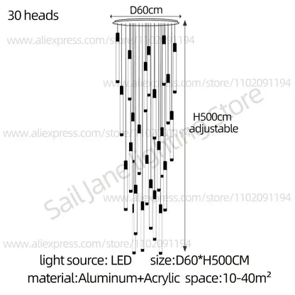 Modern black and gold pendant chandelier with 30 black and white acrylic heads and polished steel adjustable base