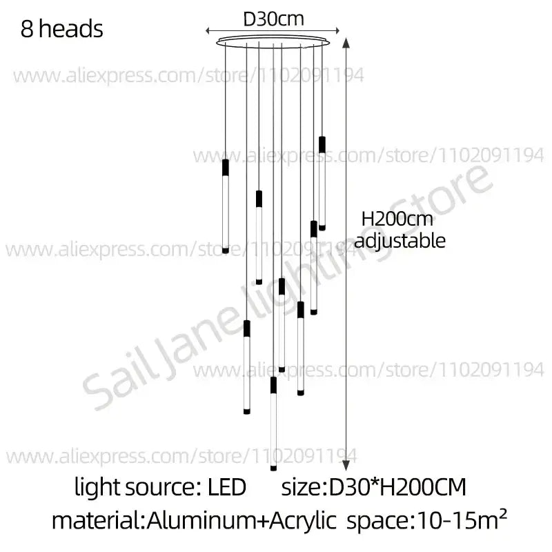 Modern black and gold pendant chandelier with eight sleek aluminum and acrylic led light sources for staircase lighting
