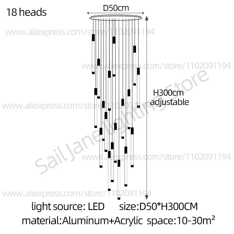 Modern black and gold pendant chandelier with 18 sleek vertical led light sources in a cascading minimalist design