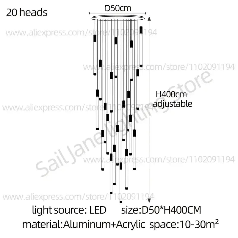 Modern black and gold pendant chandelier with 20 led light sources in a cylindrical design for staircase lighting