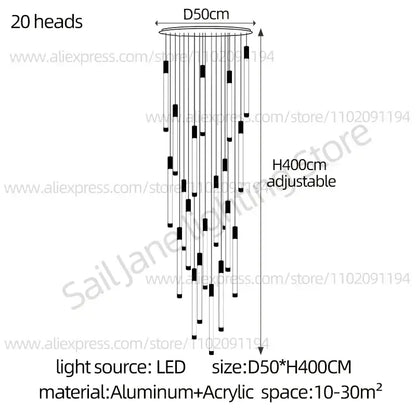 Modern black and gold pendant chandelier with 20 led light sources in a cylindrical design for staircase lighting