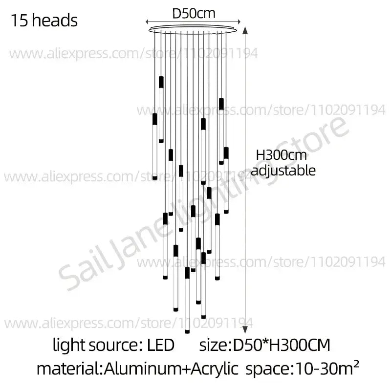 Modern black and gold pendant chandelier with 15 aluminum and acrylic light sources ideal for staircase lighting