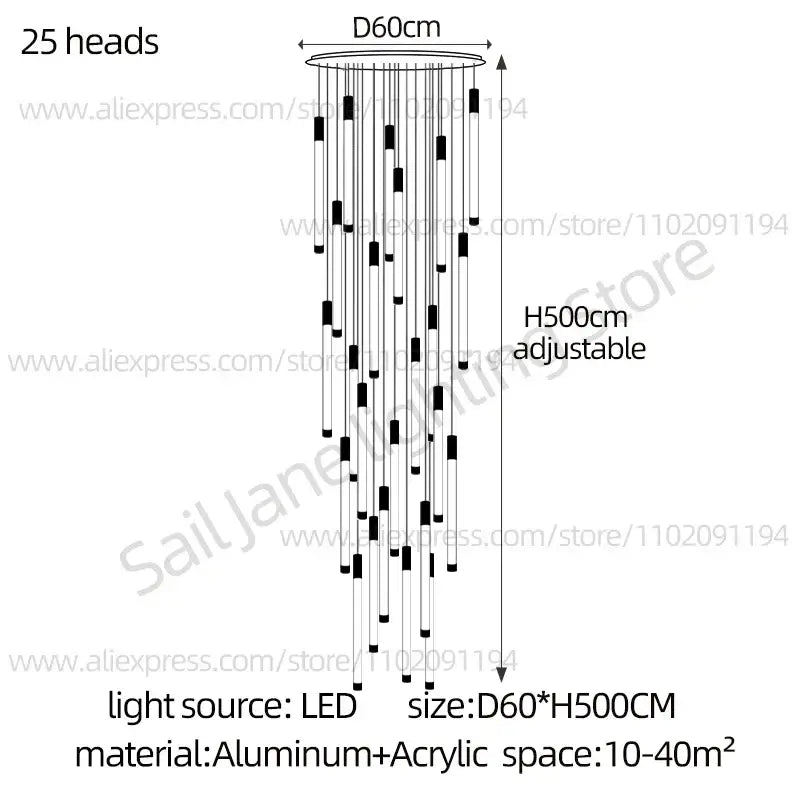 Modern black and white pendant chandelier with 25 light heads in polished steel aluminum and acrylic for staircase lighting
