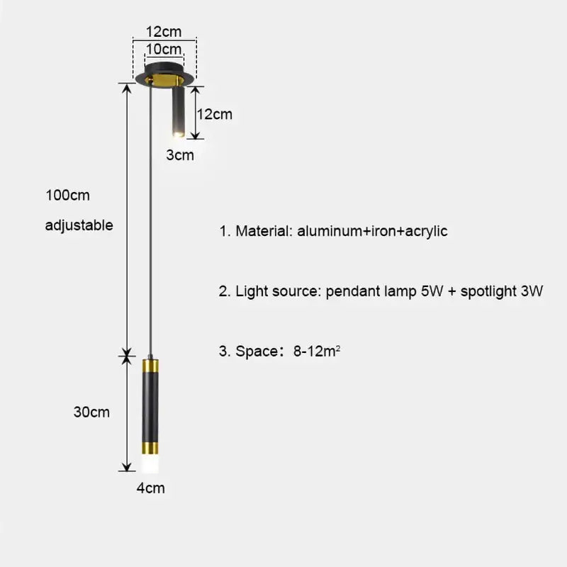 Modern black and gold pendant light with cylindrical aluminum, iron, and acrylic design for modern interiors light sources