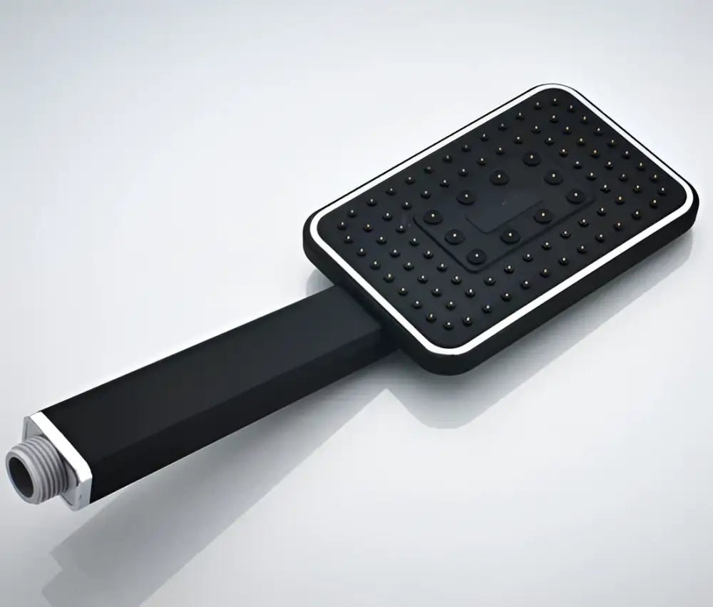 Modern black rainfall shower head with sleek rectangular design and silver trim for stylish bathroom handshower use