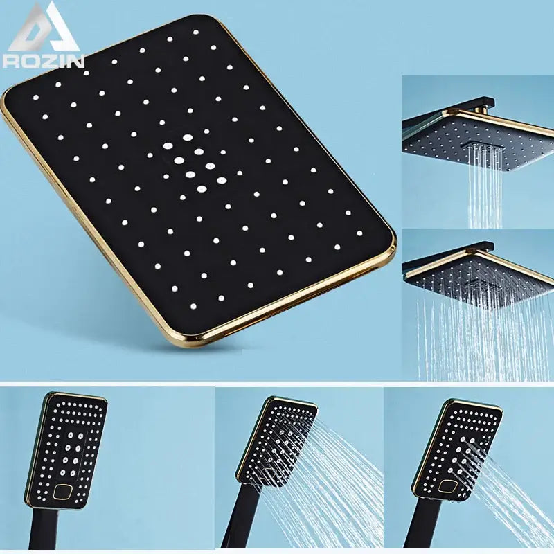 Modern black and gold rainfall shower head with rectangular design and white circular spray nozzles for bathroom use