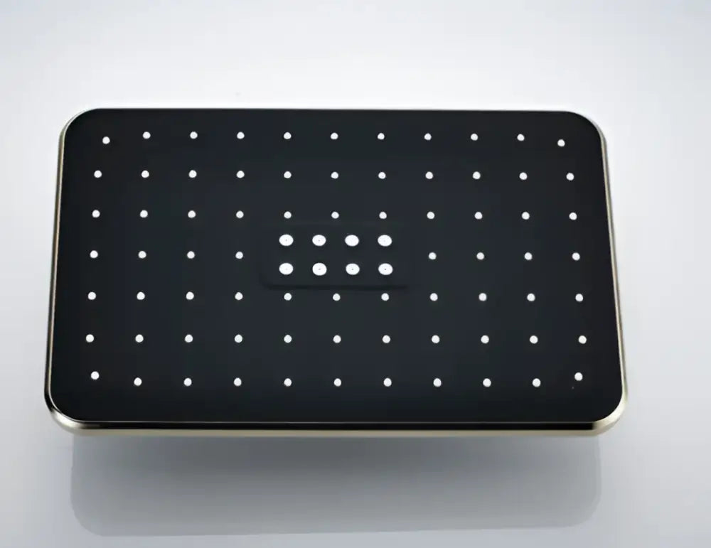 Modern black rainfall shower head with rectangular design, polished metallic edge, and numerous small white spray holes