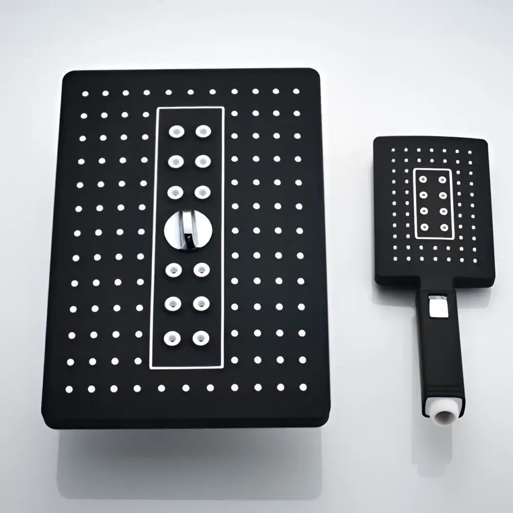 Modern black and gold rainfall shower head set with black rainfall shower and handheld unit featuring white nozzles
