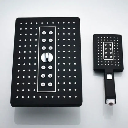 Modern black rainfall shower head set with matte finish rectangular design and chrome control knob for bathroom use