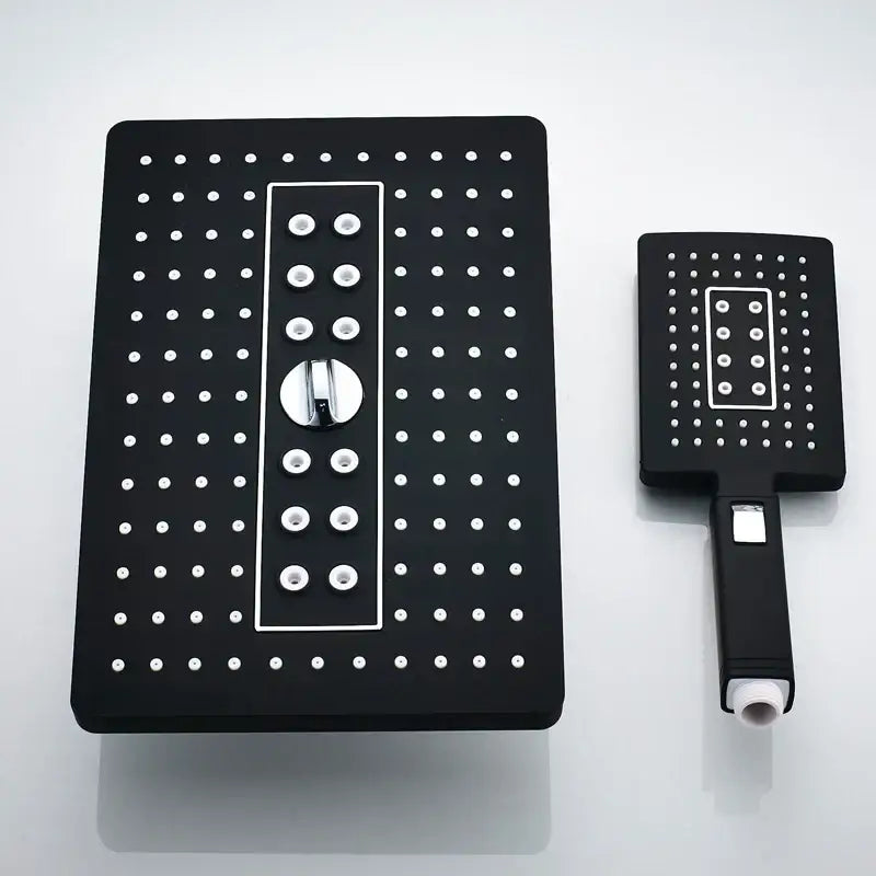 Modern black rainfall shower head set with matte finish rectangular design and chrome control knob for bathroom use