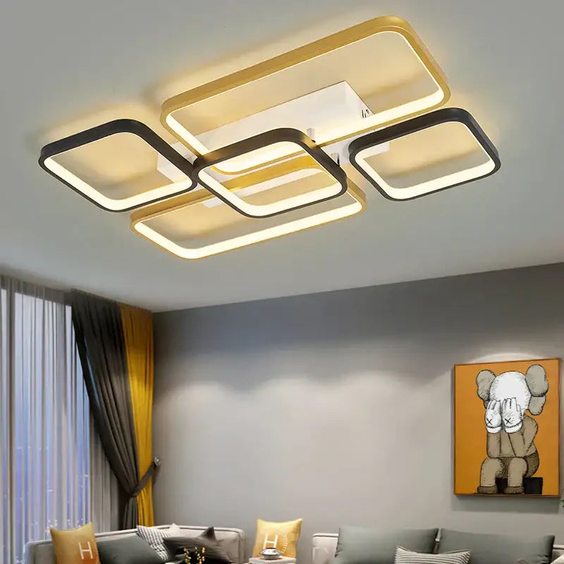 Modern black and gold rectangular decorbites dimmable led ceiling light fixture with sleek frame for living room