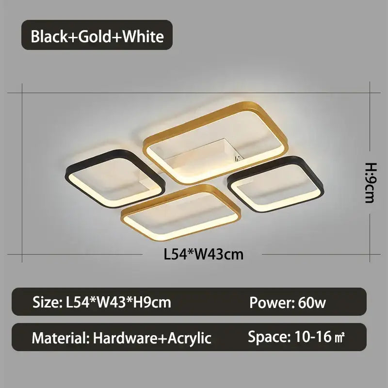 Modern black and gold rectangular decorbites dimmable led ceiling light fixture with white accents for living room use