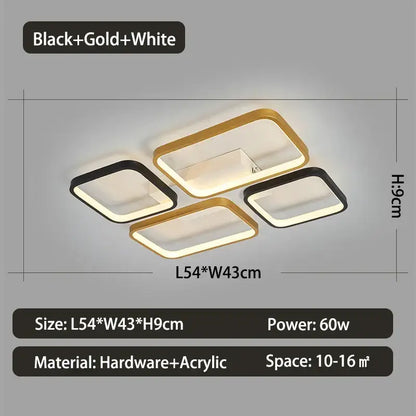 Modern black and gold rectangular decorbites dimmable led ceiling light fixture with white accents for living room use