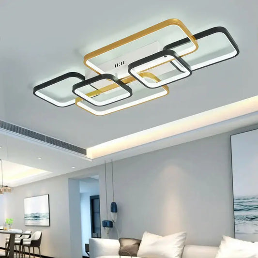 Modern black and gold rectangular decorbites dimmable led ceiling light fixture with layered frames for living room use