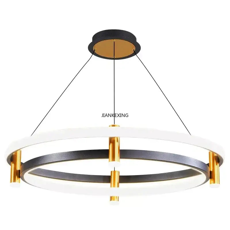 Modern black and gold ring led pendant featuring minimalist double-ring design suspended by thin cables for dining room decorbites black ring