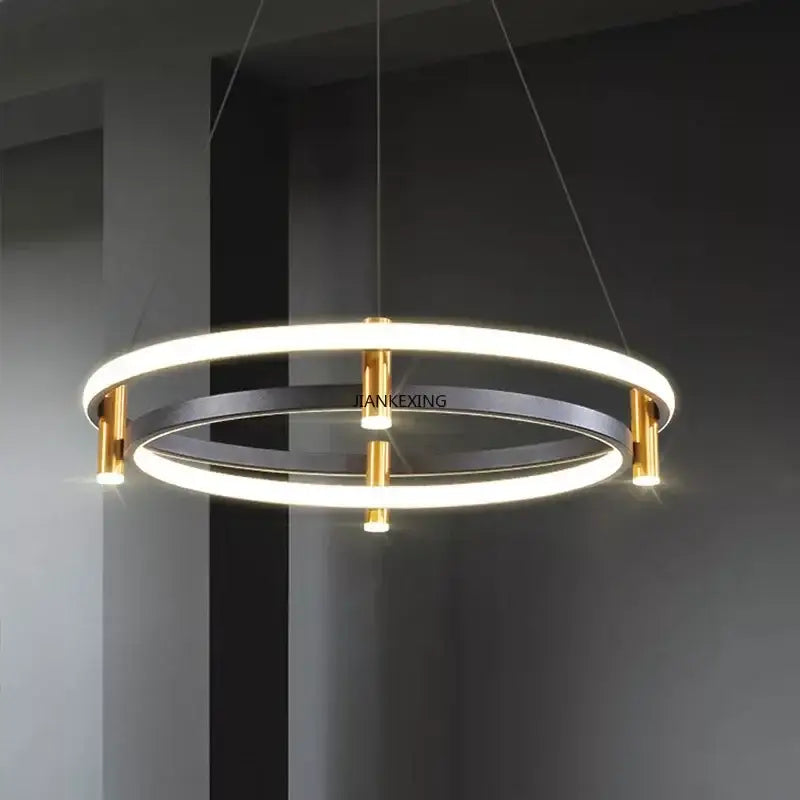 Modern black and gold double-ring led chandelier with illuminated circular bands for dining room decorbites black ring pendant