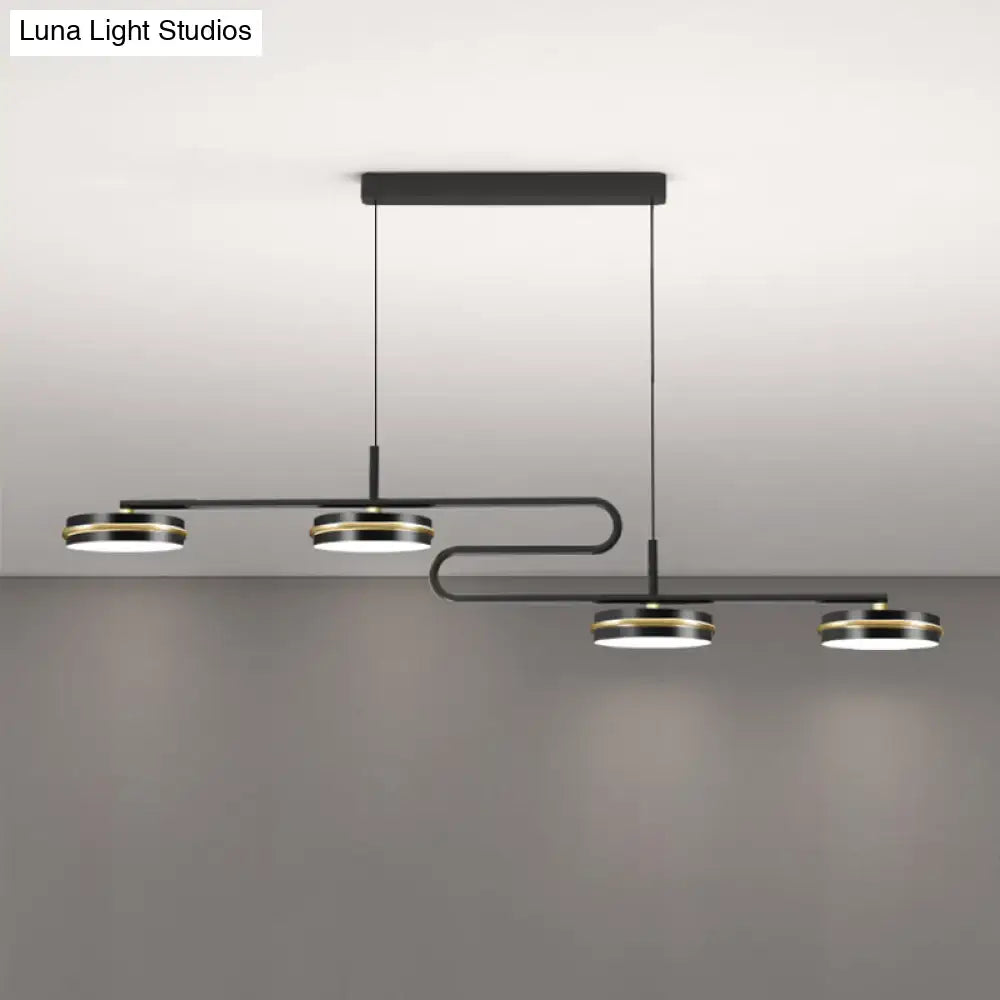 Modern black round pendant light with sleek curved metal arms and four circular led bulbs for 220v-240v 110v-120v use