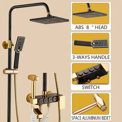 Modern black and gold shower faucet set with square rainhead, handheld sprayer, three-way handle, and bidet nozzle