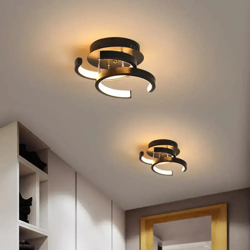 Modern black and gold spiral ceiling lamp with sleek curved rings for corridor with exceptional lighting efficiency round square moon