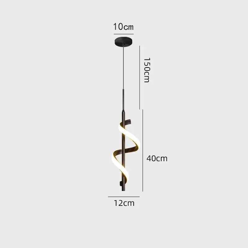 Modern black and gold pendant light with glowing led helix design and copper lamp body for dining room use