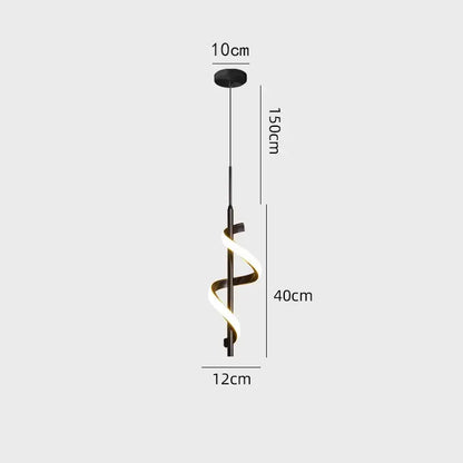 Modern black and gold pendant light with glowing led helix design and copper lamp body for dining room use