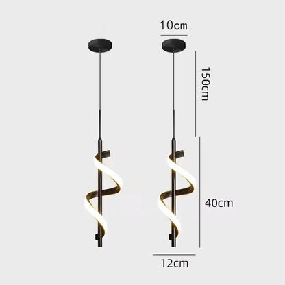Modern black and gold spiral pendant light with glowing led strip helix and copper lamp body for dining room use