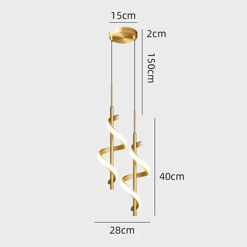 Modern black and gold spiral pendant light with copper lamp body and glowing led strips for dining room use