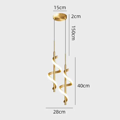 Modern black and gold spiral pendant light with copper lamp body and glowing led strips for dining room use