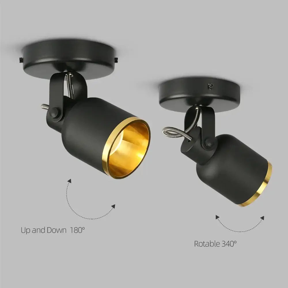 Modern black and gold cri97 surface mounted ceiling spotlight with 180-degree tilt and 360-degree rotation for living room